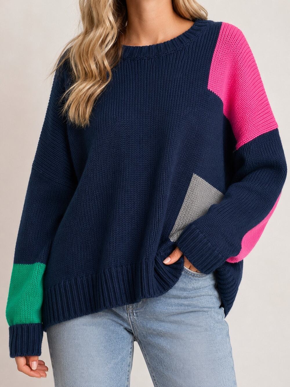 ZAKET & Plover Colorblock Cotton Knit Sweater XL Navy Green Pink Preppy
